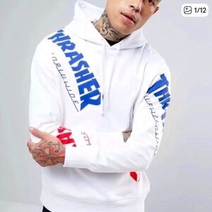 Thrasher White Hoodie with Blue and Red Graphics